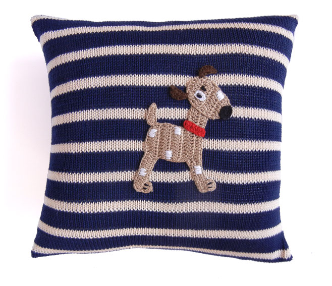 Spotted Dog Pillow with Navy Stripes, Handmade, Fair Trade