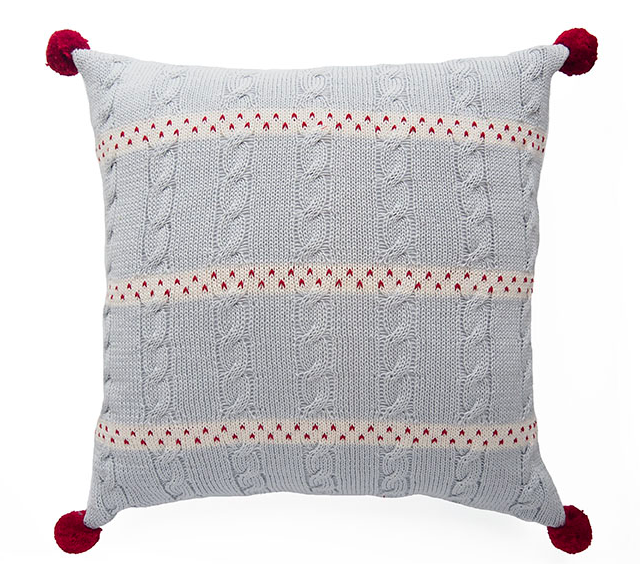 14 x14 Hand Knit Grey Cable Christmas Pillow with stripes, Fair Trade