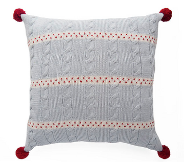 14 x14 Hand Knit Grey Cable Christmas Pillow with stripes, Fair Trade