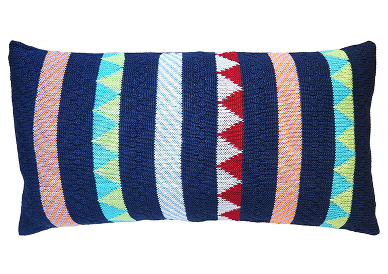 10x20 Hand Knit Navy & multi-colored striped Baby Pillow, Fair Trade