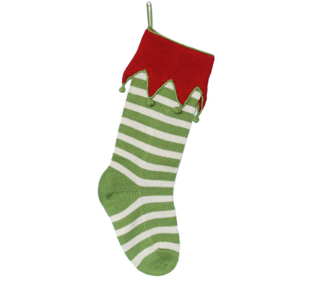 Hand Knit Green Elf Cuff Christmas Stocking, Fair Trade