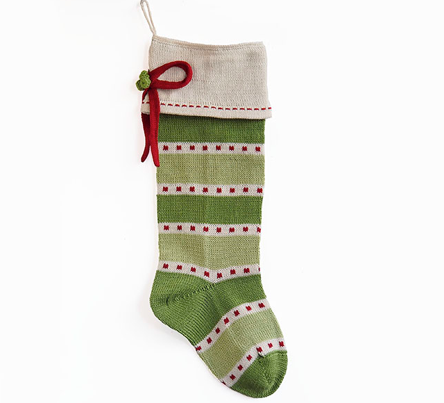 Hand Knit Green Dot Striped Christmas Stocking, Fair Trade, Supports Women in Armenia