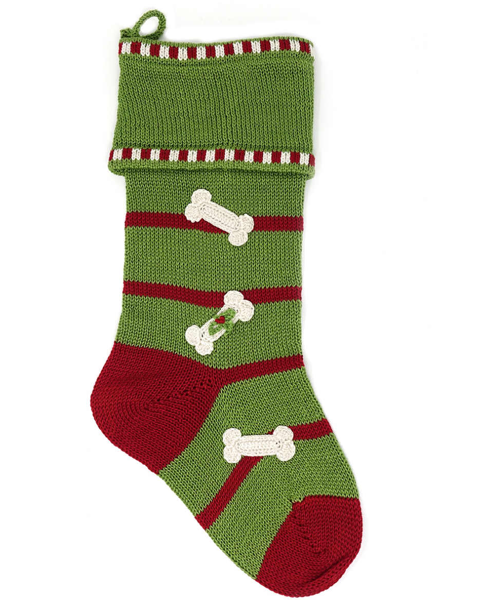 Hand Knit Green Dog Bone Christmas Stocking, Fair Trade, Support Women in Armenia