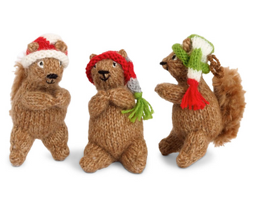 Set of 3 Hand Knit Woodland Squirrels in Christmas Hats, Fair Trade