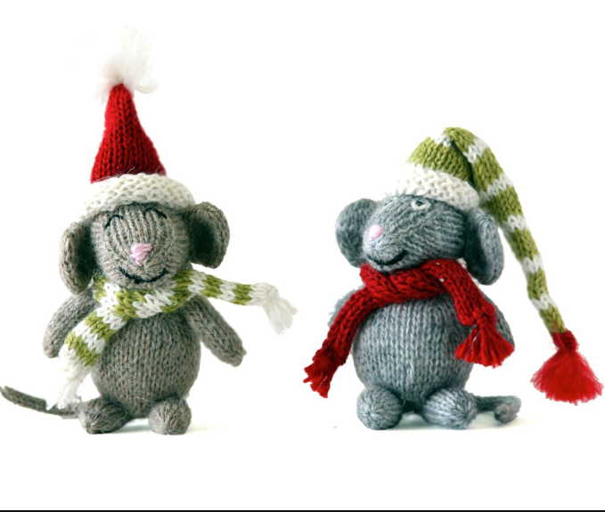 Set of 2 Hand Knit Mice Ornaments,  Fair Trade