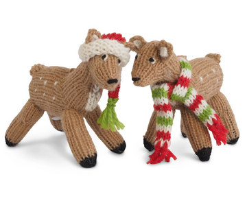Set of 2 Hand knit Baby Deer Fawn Ornaments, Fair Trade