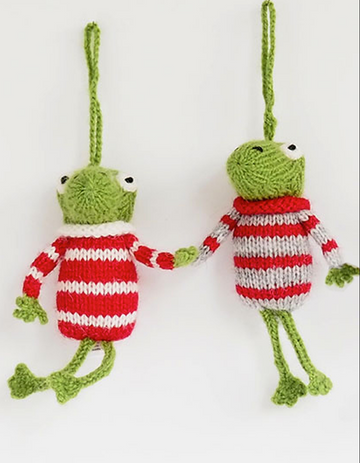 Set of 2 Hand knit Frog Ornaments,  Fair Trade