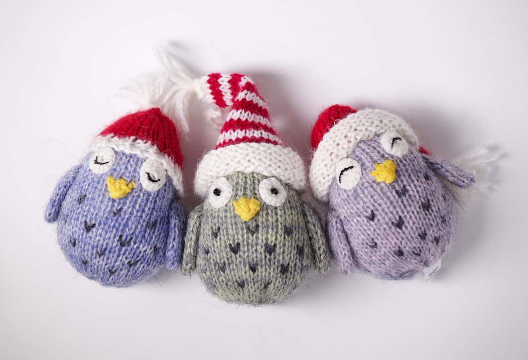 Set of 3 Hand Knit Tiny Owl Ornaments, Fair Trade supports Women Artisans!