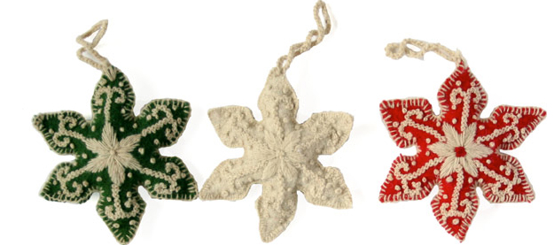 Set of 3 embroidered snowflake ornaments- Fair Trade