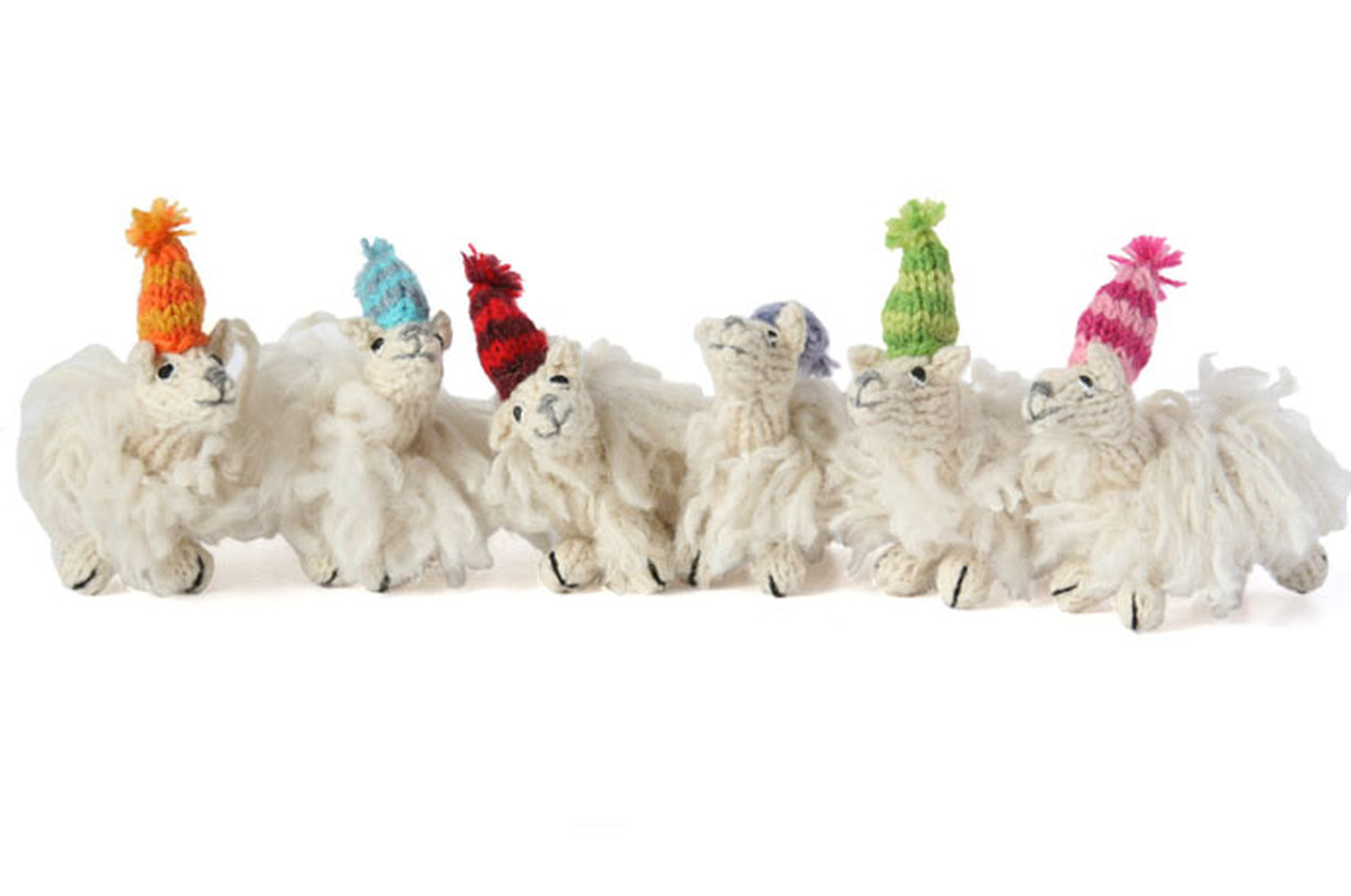 Set of 6 Hand Knit llama ornaments, Fair Trade