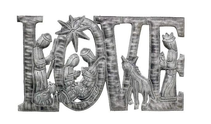 Love Metal Art With Nativity Scene, Handcrafted from steel Drums in Haiti- Fair trade