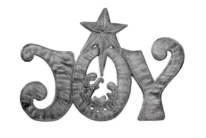 "Joy" Metal Art With Nativity Scene, Handcrafted from steel Drums in Haiti, Fair trade