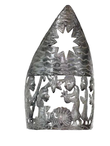 Tabletop Nativity Scene and Candle Holder, Handcrafted from Recycled Steel Drums in Haiti, Fair trade