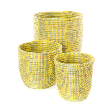 Set of 3 Handwoven Yellow Planter Baskets, Fair Trade, Eco-Friendly