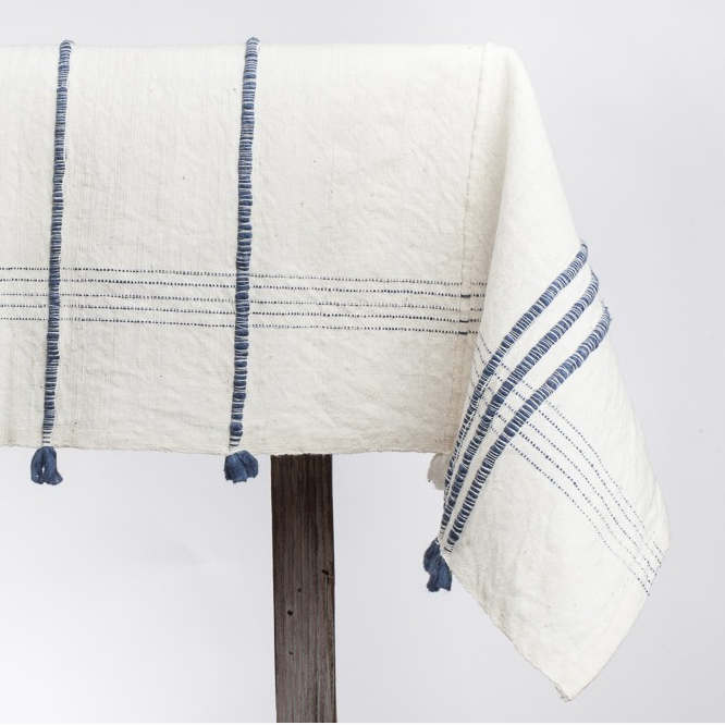 Hand woven Striped Tassel Ethiopian Cotton Tablecloth (Navy or Grey) - Eco-Friendly, Fair Trade