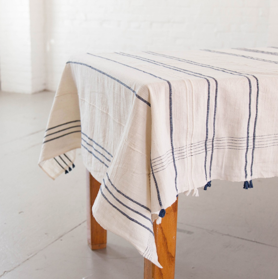 Hand woven Striped Tassel Ethiopian Cotton Tablecloth (Navy or Grey) - Eco-Friendly, Fair Trade