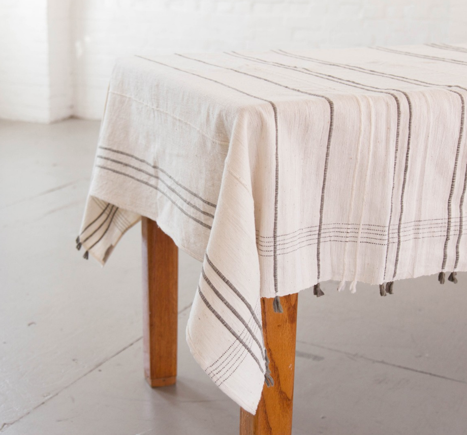 Hand woven Striped Tassel Ethiopian Cotton Tablecloth (Navy or Grey) - Eco-Friendly, Fair Trade