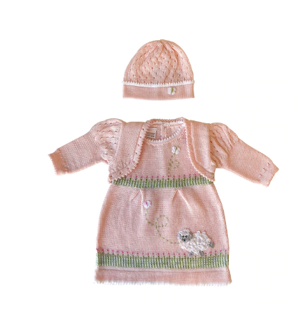 Hand Knit Pink Easter Dress With a Baby Lamb, Fair Trade
