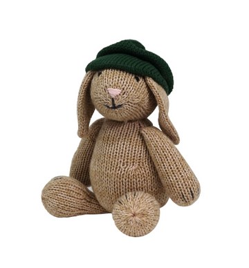 Hand Knit Sitting Brown Easter Bunny with Beret Stuffed animal - Support Fair Trade for Artisans