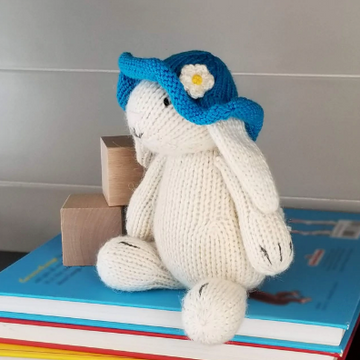 Hand Knit White Easter Bunny with Blue Sun Hat Stuffed animal, Fair Trade