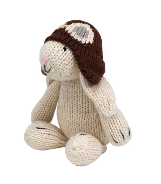 Hand Knit White Easter Bunny with Brown Hat Stuffed animal, Fair Trade