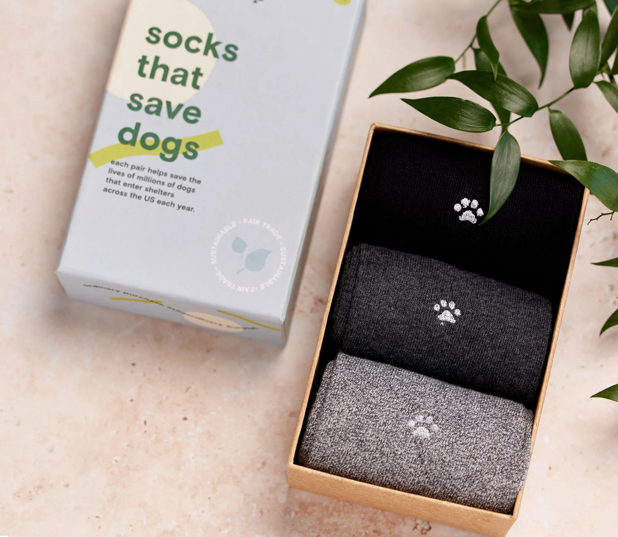 3 Pairs of Organic Socks in Gift Box that Saves Dogs Lives!