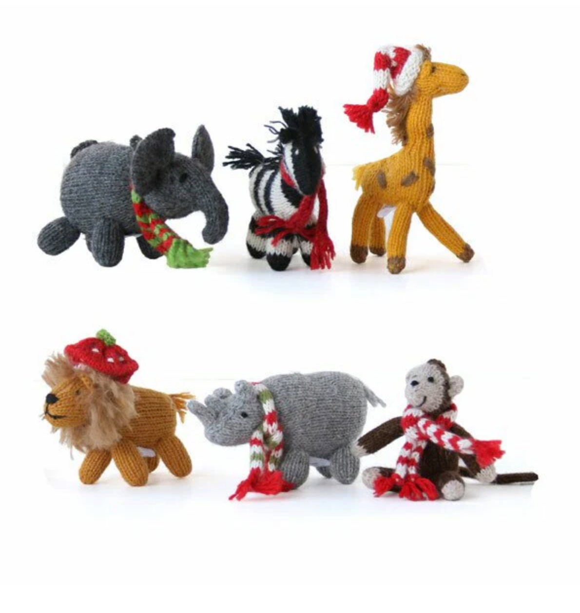 Set Of 6 Hand Knit African Animal Christmas Ornaments, Fair Trade from Peru