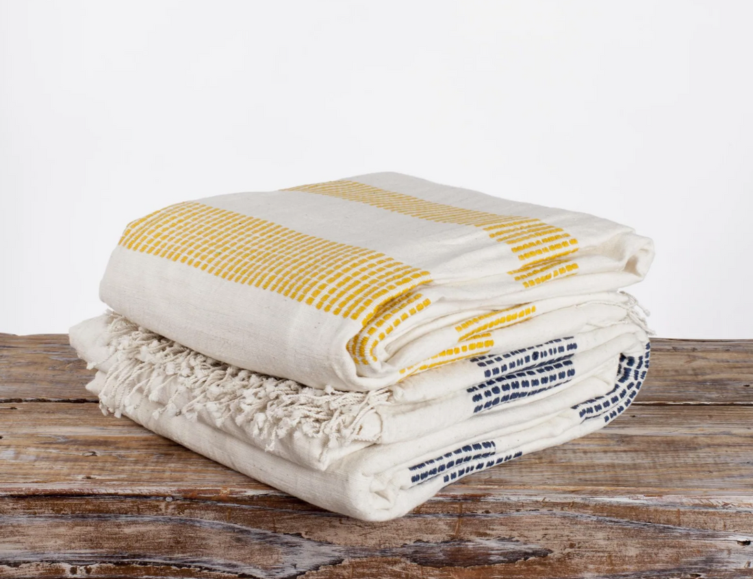Hand Woven Ethiopian Cotton Lightweight Queen Blanket (Navy or Gold/Yellow)- Eco-Friendly, Fair Trade