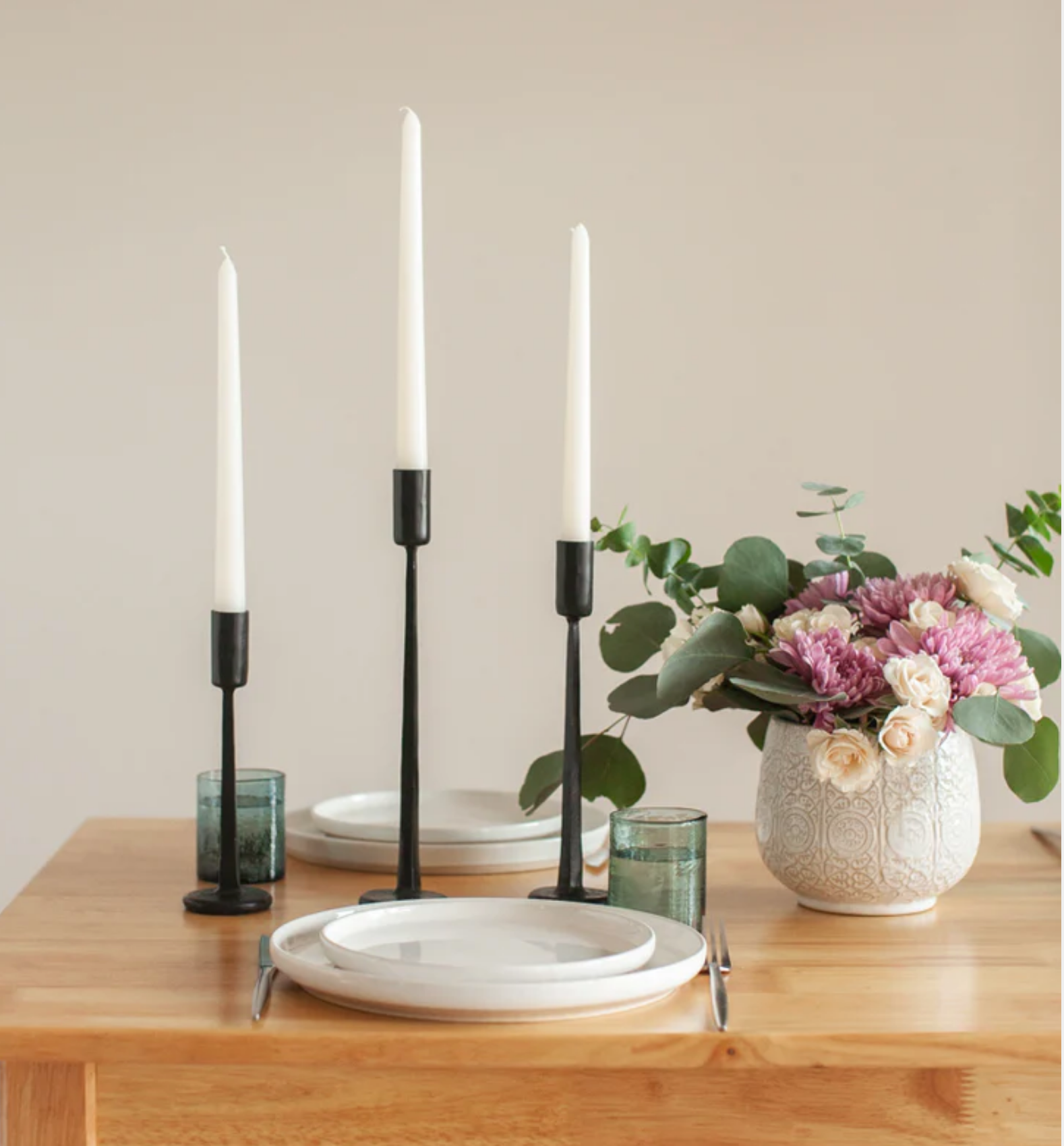 Hand-Forged Iron Candle Sticks - Set of 3, Black or Brass, Fair Trade from India