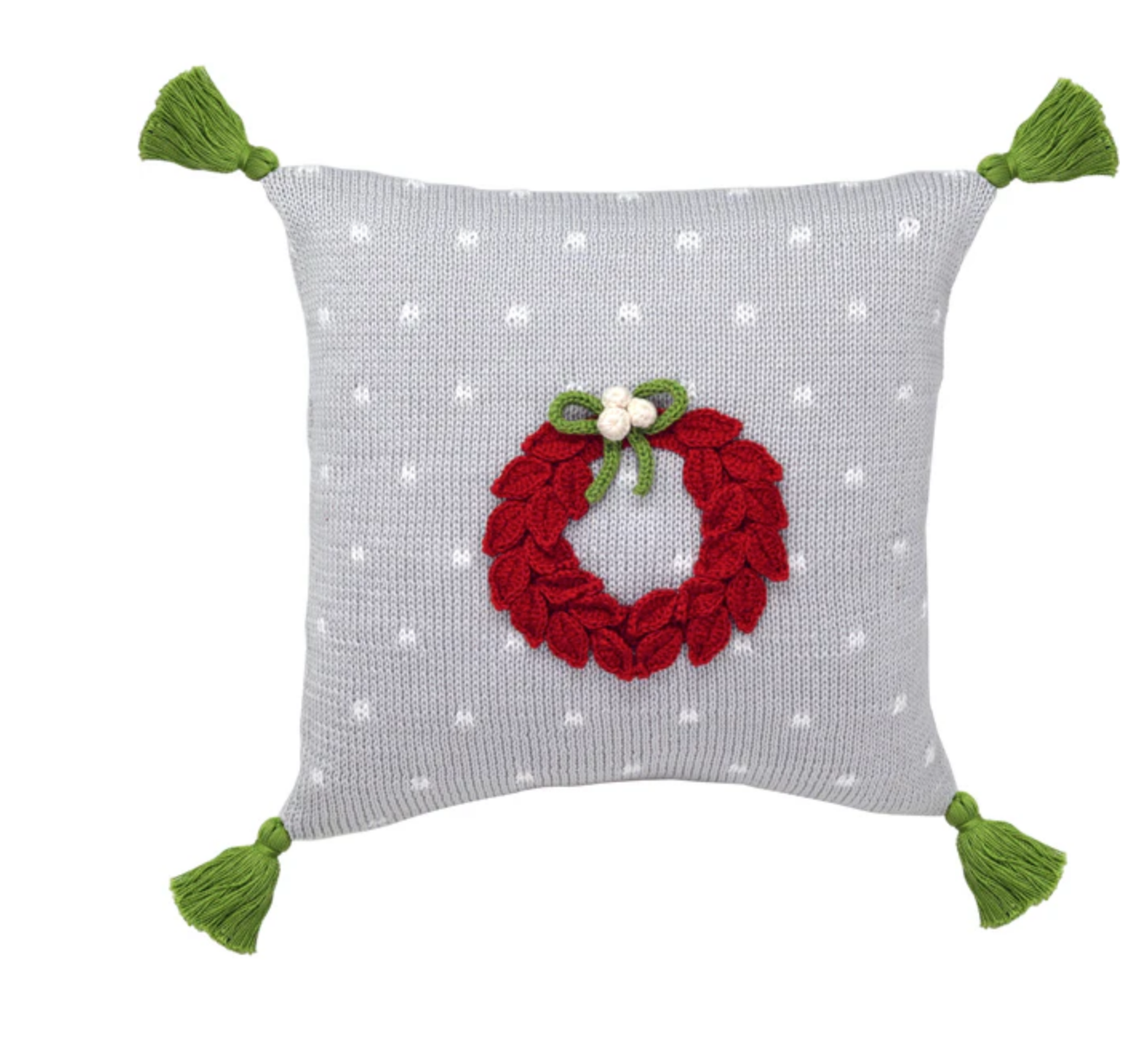 Hand Knit Christmas Grey Pillow with Red Wreath, Fair Trade from Armenia
