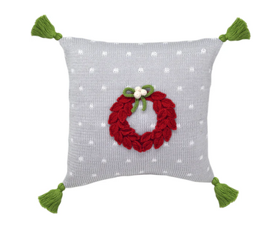 Hand Knit Christmas Grey Pillow with Red Wreath, Fair Trade from Armenia