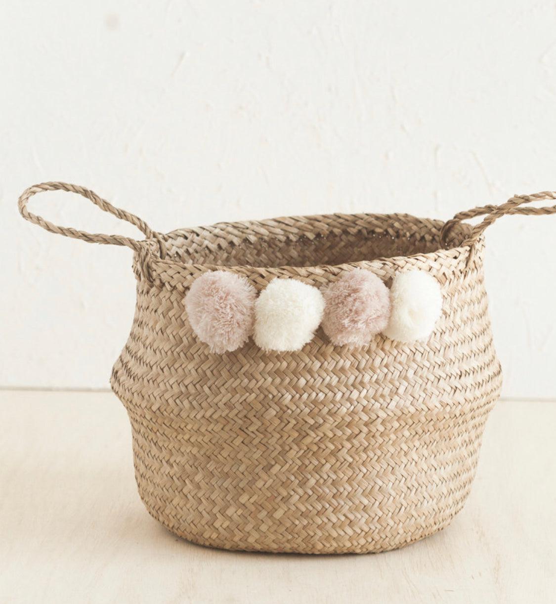 Handwoven Storage Baskets with Pom Poms, Fair Trade from Hanoi
