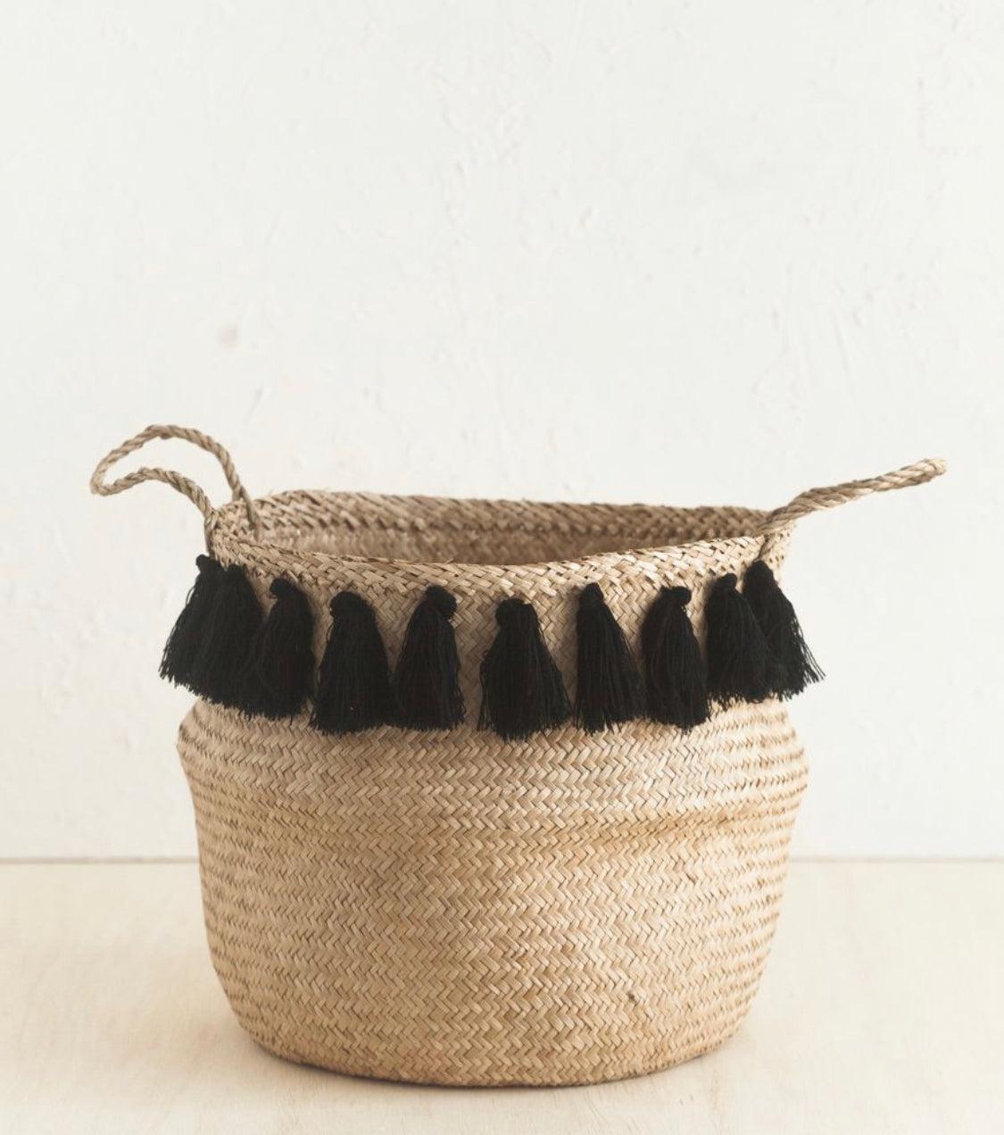 Handwoven decorative storage baskets with black pom poms, Fair trade from Hanoi