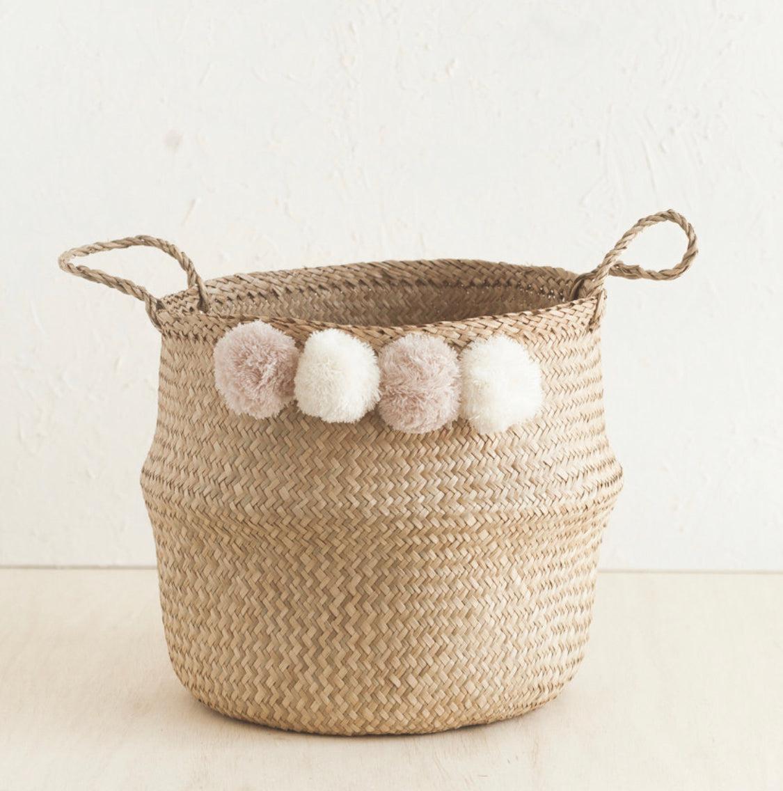 Handwoven Storage Baskets with Pom Poms, Fair Trade from Hanoi