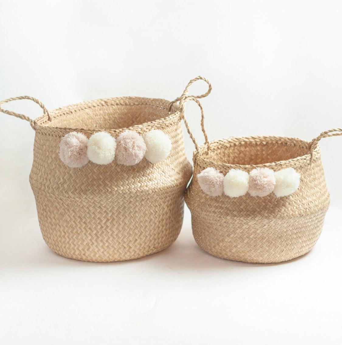 Handwoven Storage Baskets with Pom Poms, Fair Trade from Hanoi