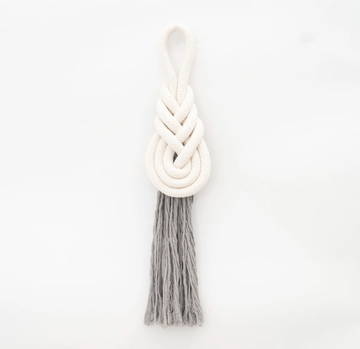 Medium 11" x 4.5" Handmade White Knot Rope, Grey Tassel Wall Hanging, Fair trade, Gives Freedom to Women