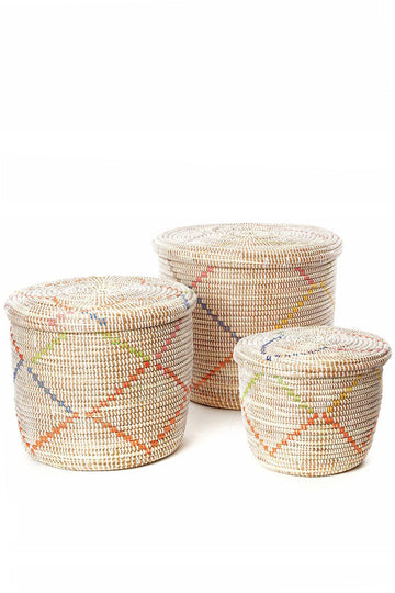 Set of Three Rainbow Garland Lidded White Storage Baskets, Fair Trade, Senegal