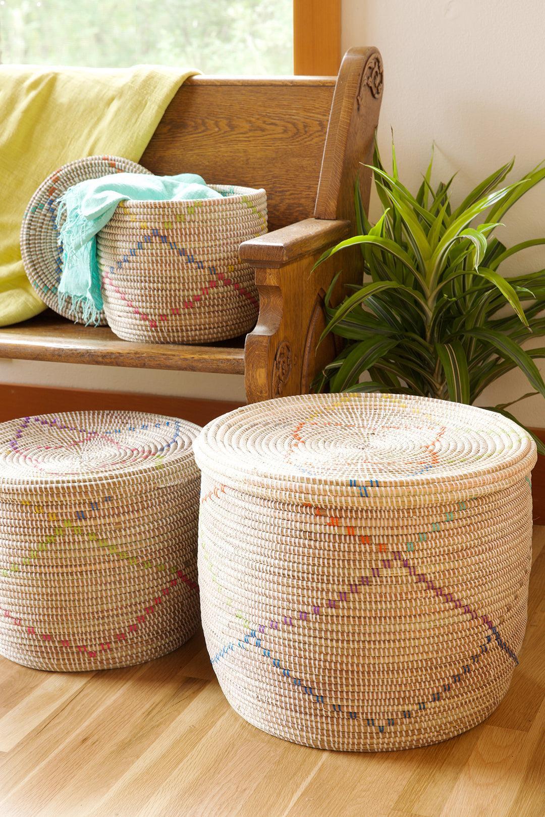 Set of Three Rainbow Garland Lidded White Storage Baskets, Fair Trade, Senegal
