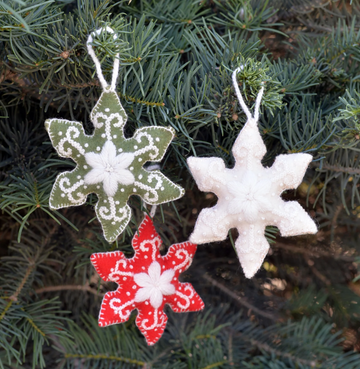 Set of 3 Hand Sewn and Embroidered Snowflake ornaments, Fair Trade, Peru
