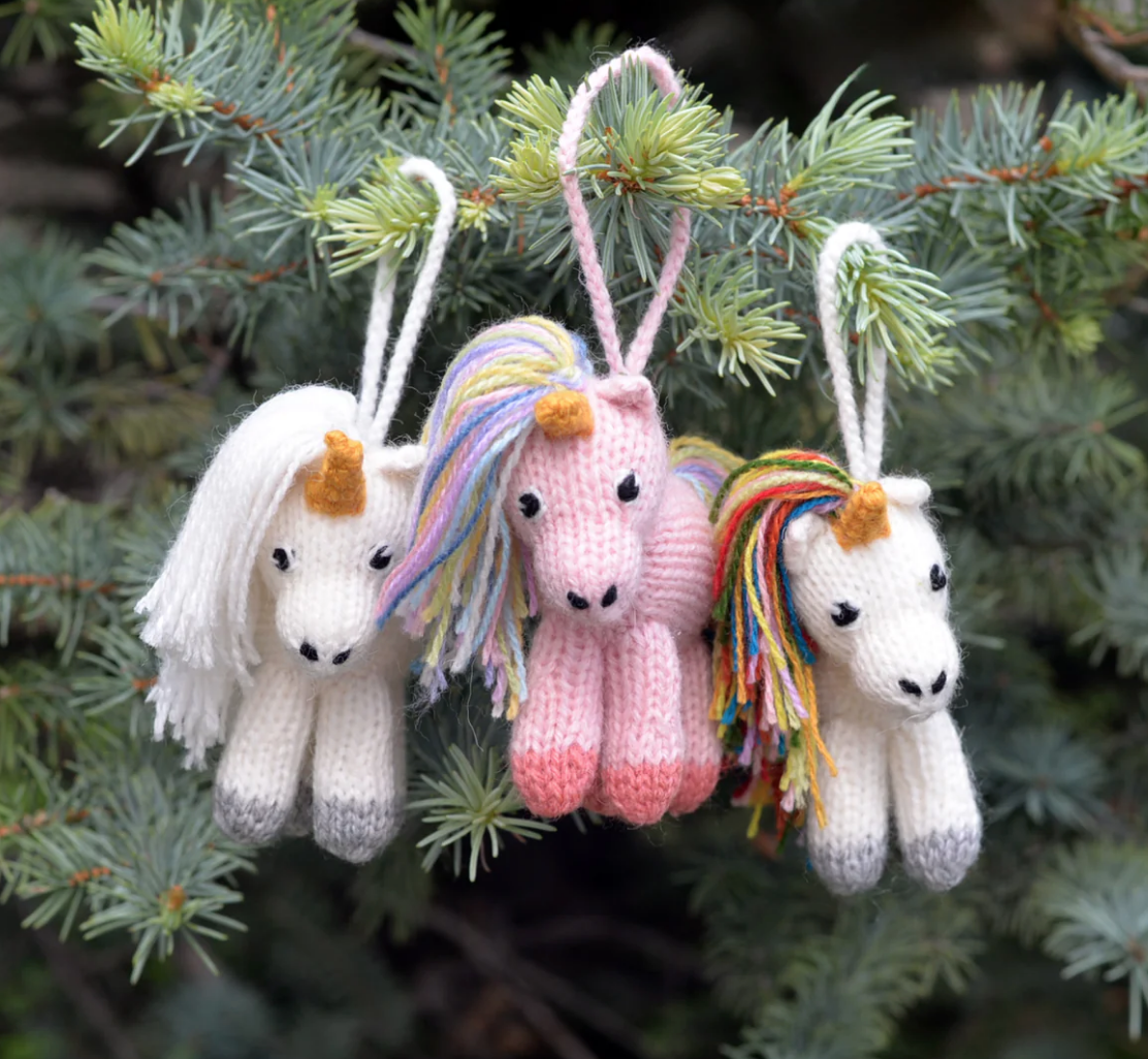 Set of 3 Hand Knit Unicorn Ornaments, Fair Trade from Peru